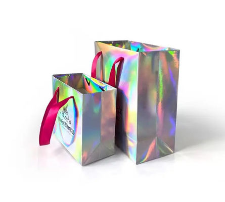 Custom Logo Luxury Glossy Pink Ribbon handle Paper Bag Gift Craft Jewelry Cosmetic Packaging Holographic Paper Shopping