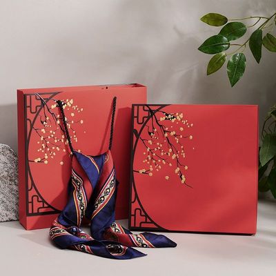 Elegant Red Rigid Gift Box with Matching Handle Bag Traditional Floral Packaging Set