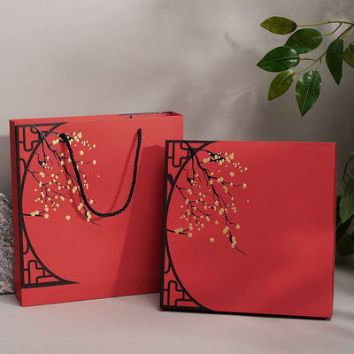 Elegant Red Rigid Gift Box with Matching Handle Bag Traditional Floral Packaging Set