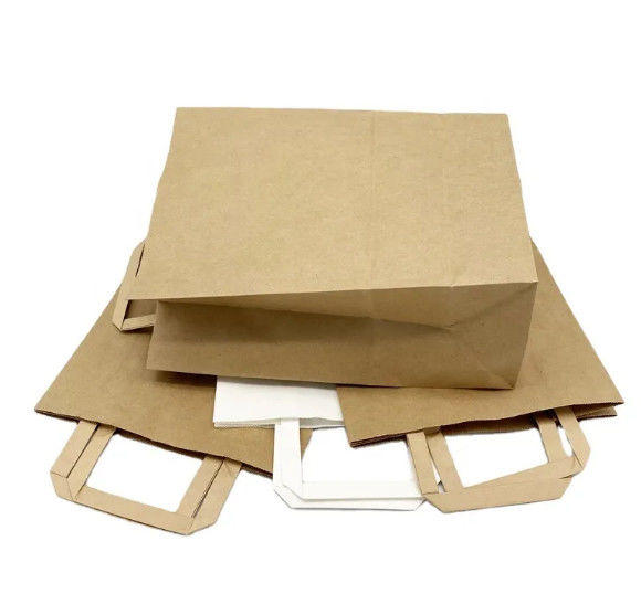 Flat Handles Reusable Kraft Paper Carry Bags Shopping Restaurant Takeaway Paper Bags