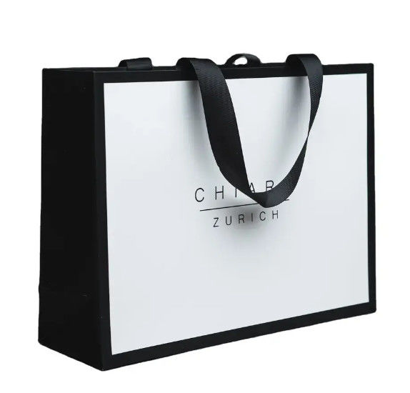 Customized Logo Print Luxury White Shopping Paper Custom Cardboard Bags With Ribbon Handle