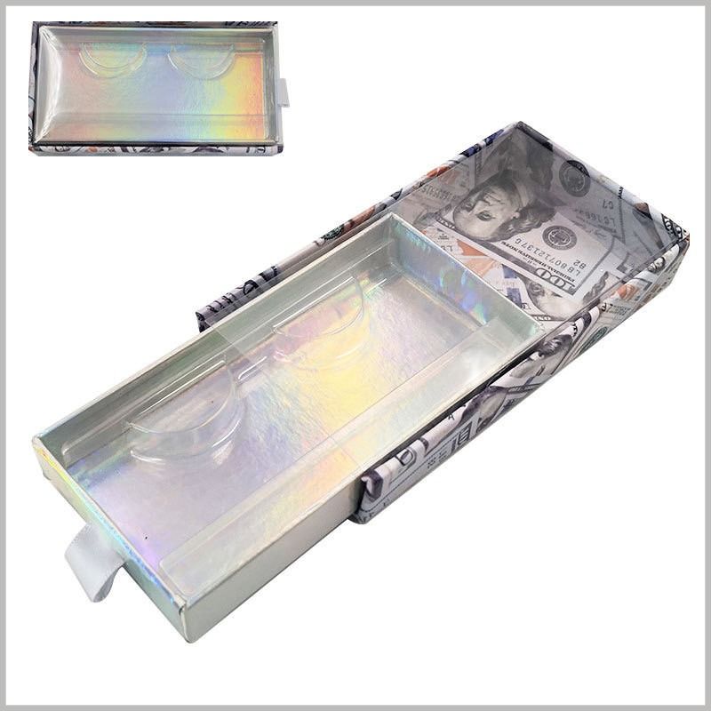 Custom Glitter Eyelash Packaging Box With Money Print Design And Clear Slide Cover