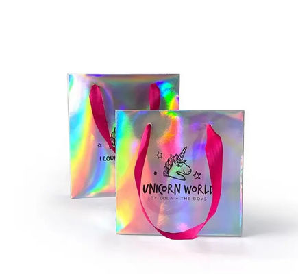 Logo tùy chỉnh Luxury Glossy Pink Ribbon handle Paper Bag Gift Craft Jewelry Cosmetic Packaging Holographic Paper Shopping