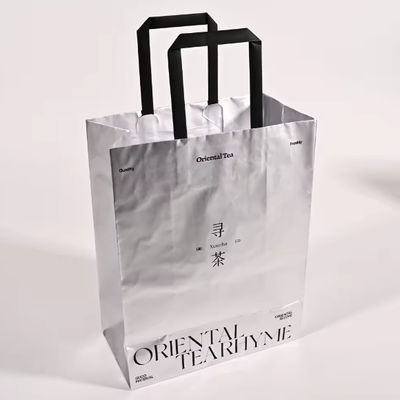Buen precio Resistente al agua Resistente a la lágrima Bolso de papel de color plateado personalizado Bolso de transporte de papel en línea