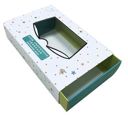 Custom Kids Underwear Packaging Box with Clear Window Drawer Style White Cardboard Box with Cartoon Design