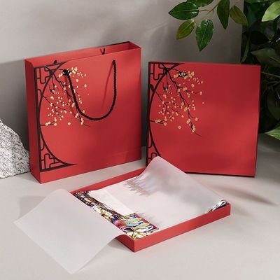 Elegant Red Rigid Gift Box with Matching Handle Bag Traditional Floral Packaging Set