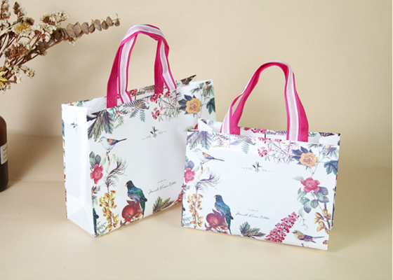 Premium Printed Paper Shopping Bags Floral Bird Design With Pink Striped Handles