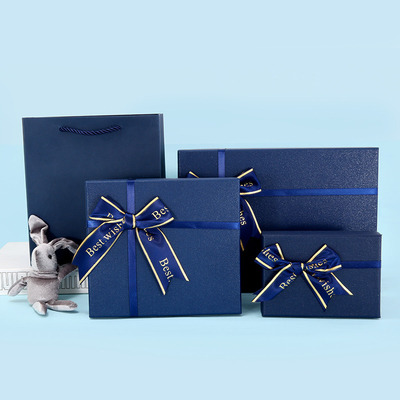 Blue Gift Box Rectangular Bow Gift Box World Cover Packaging High-End Gift Box