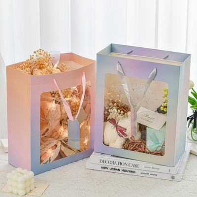 Pastel Gradient Window Gift Bags with Ribbon Handles Transparent Floral Birthday gift